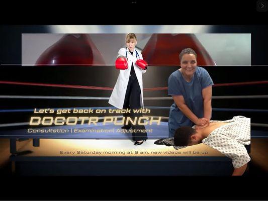 2 professional females:  1. Doctor Punch pose for patient adjustment 2. Random wearing white lab-coat, stethoscope, and boxing gloves