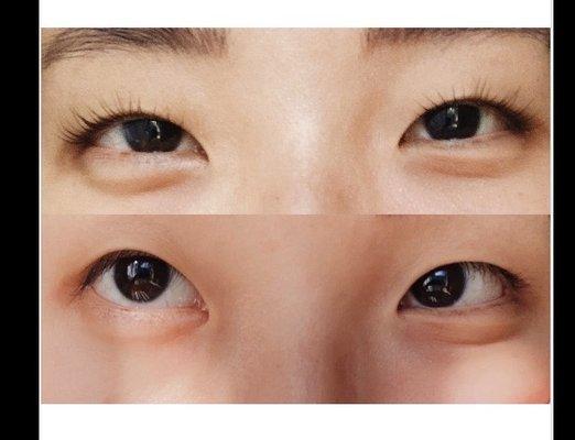 Before lash lift (bottom), after lash lift (top)