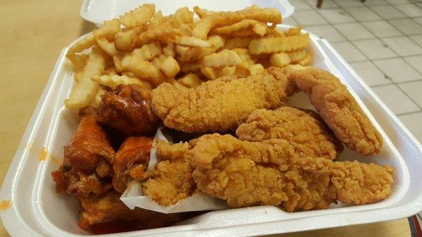 Chicken tenders. Wings and fries.