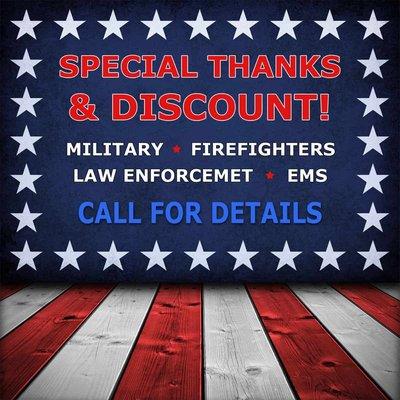 As a thank you to all of our Military, Firefighters, Law Enforcement, And EMS we offer a special discount on their  uniforms.