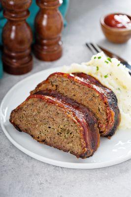 Bacon Wrapped Meatloaf and Chive Mashed Potatoes