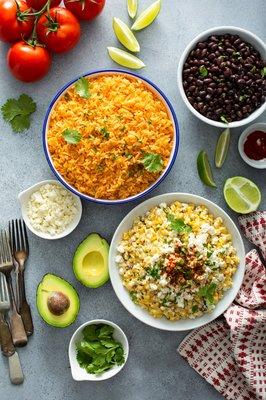 Black Beans, Mexican Rice and Mexican Street Corn