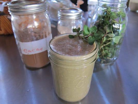 Our famous chocolate mint smoothie made with fresh mint leaves from our garden.