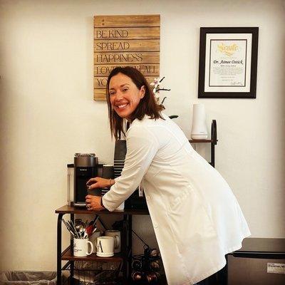 Does your doctor get you coffee?  Dr. Aimee Ostick is shown here getting her patient coffee after a visit.