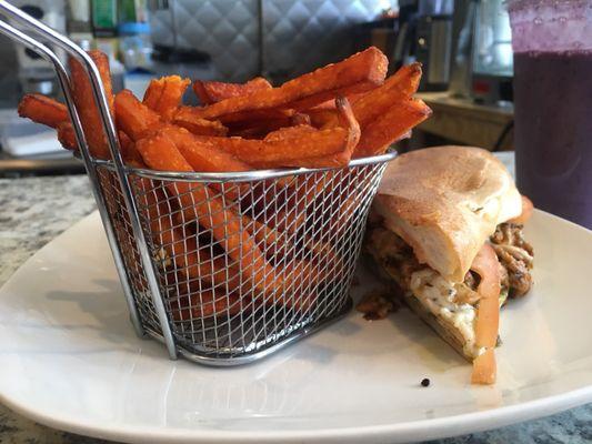 Chicken pesto sandwich with sweet potato fries :3