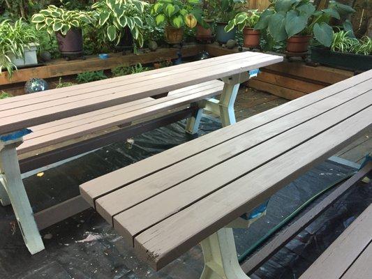 Mid way through outdoor table restoration - stripping, sanding and painting.