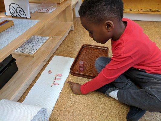 A four year old works on counting a chain, a staple material in the Montessori classroom.