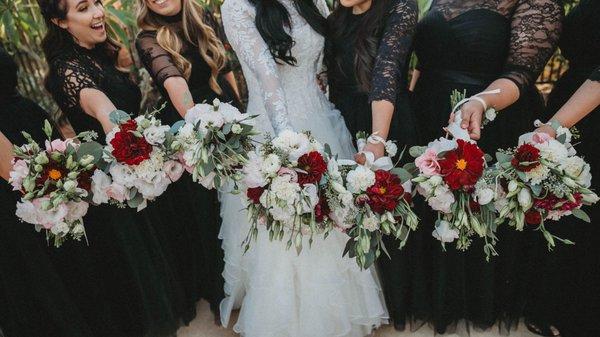 Bridesmaids and bride's bouquet