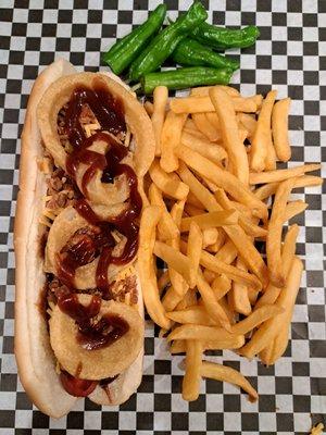 THE DIGGITY DOG
 cheese, BBQ sauce, onions rings, bacon wrapped hot dog $10