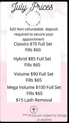 Prices for lash services