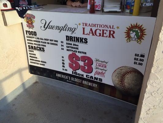 Baseball game menu