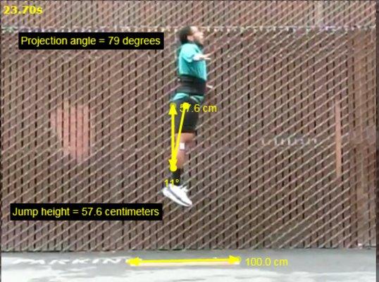 Vertical jump video at the peak height to measure his vertical jump as well as mechanics and proper triple extension.