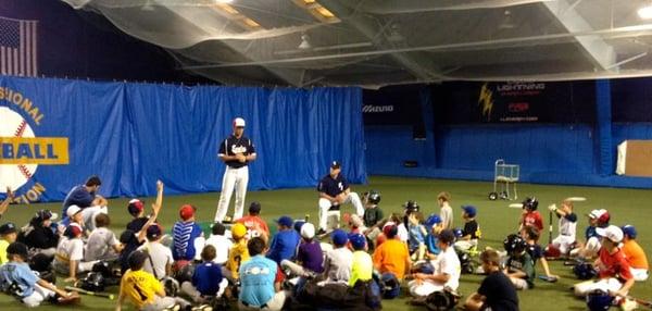 A pitching lecture at one of our indoor summer baseball camps.