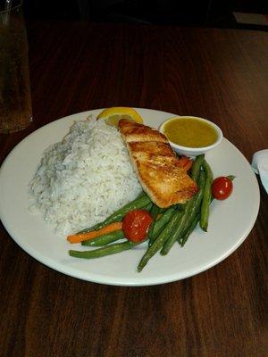 Salmon w/ Curry Sauce, White Rice, and Vegetables.