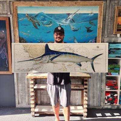 White Marlin on with coastal chart printed on wood getting ready to ship to its home in West Palm Beach.