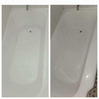 Before and After of bathroom tub scrubbed clean and sanitized