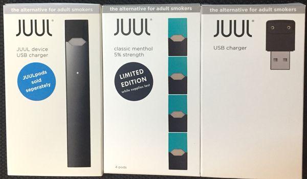 Juul Basic kits, classic menthol pods & juul chargers.