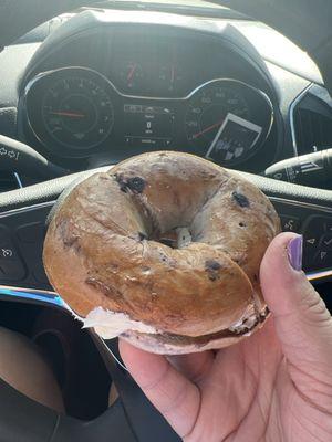 Blueberry bagel toasted with cream cheese