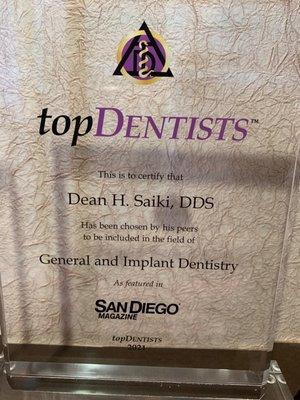 TopDentist Award 2021  published in         SanDiego Magazine