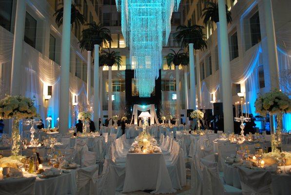 Custom lighting, drape, chandeliers, and Chuppah for a wedding at The Atrium at The Curtis Center