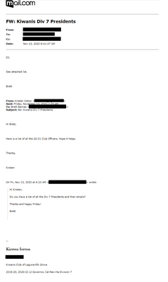 Email between my club president, Brett Barnes, and then Lt. Gov Kirsten Ireton, exchanging Division 7 info.