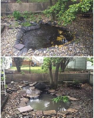 The top is the old pond (before Create a Scape), the bottom is the finished product after they re-did it.