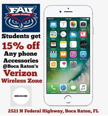 #FAU Students receive 15% off all phone accessories at FAU's local Verizon Wireless Zone in Boca Raton!