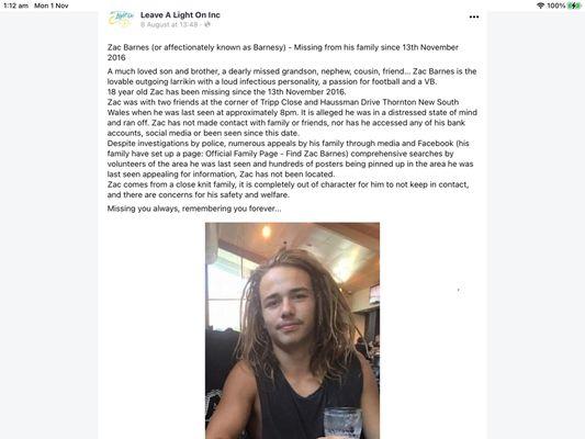 Please help find Zac Barnes