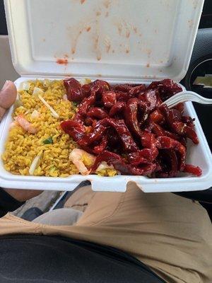 Shrimp fried rice with boneless rib tips