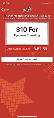 Yelp offer for $10 threading.