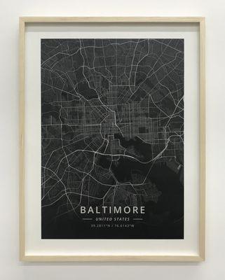 Map of Baltimore print framed in a natural ash frame with anti-reflective glass for maximum clarity.