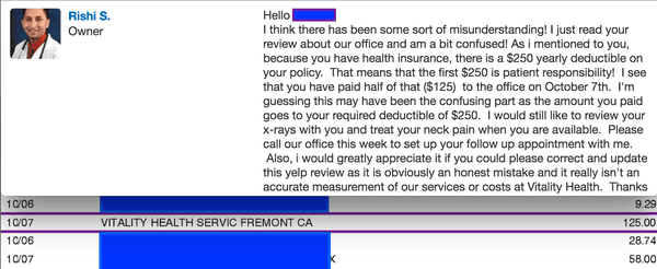 billed $250 exam/xray and doctor never adjustment/pain relief ?This is half of my bill (crazy)+ credit card statement for proof.