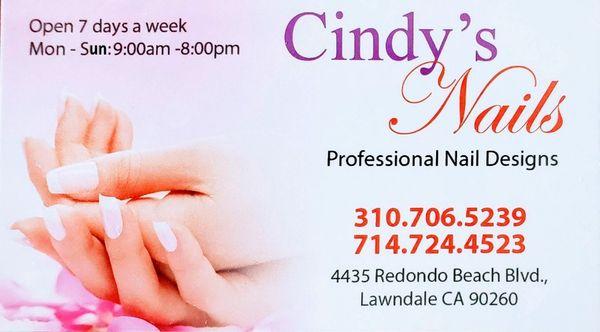 Life is not perfect, but your nails can be with us.

Welcome to Cindy's Nails.  We are here to pamper you. :)