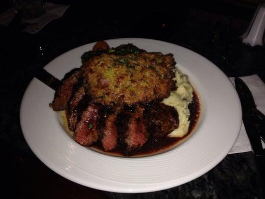 Hanger steak, cheddar mashed. Stuffed mushroom. Absolutely delicious!!!!