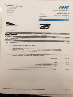 Paid invoice, no repair, quoted $14,000 to replace lift.