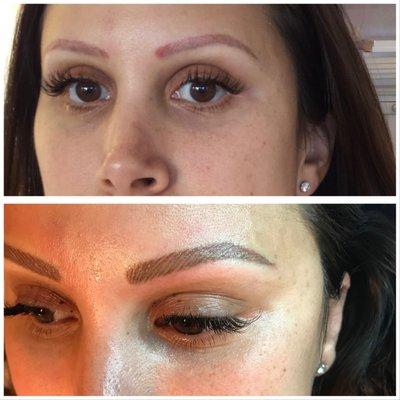 Correctional work done on a client who had her eyebrows microbladed and was left with red solid eyebrows.