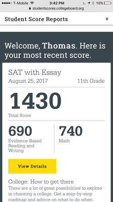 Thomas, one of our student just his score for SAT