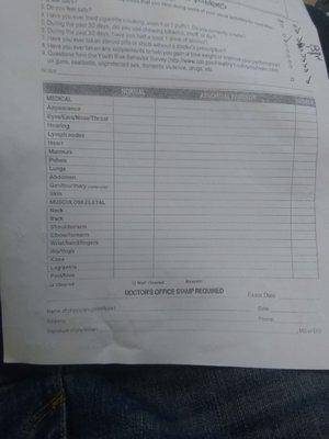 Physical evaluation form that Luna's office refused to sign