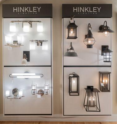 Hinkley Indoor and Outdoor Lighting Displays. Beautiful Bath and Vanity lighting on the left and Outdoor Sconces on the right.