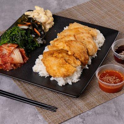 Pan Fried Cod dipped in egg with your choice of banchan (side dishes)