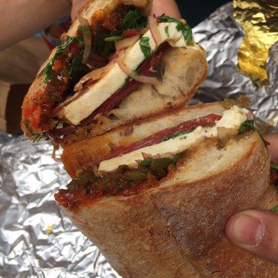 Enzo sandwich. "Very spicy. Hot sopressata, fresh mozzarella, hot spread, hot peppers, red onion, arugula."