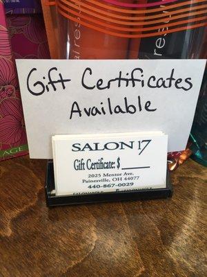 They have gift certificates-perfect for the holidays!