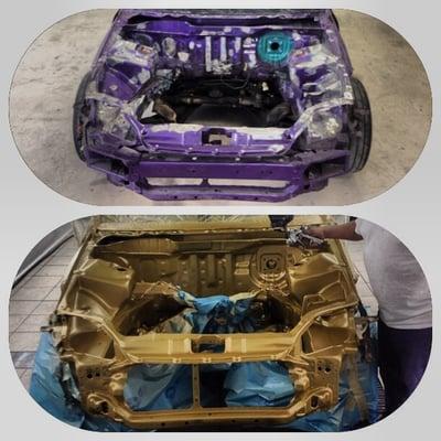 Before and after shaved engine bay refinished and sprayed with a beautiful brilliant gold Micelli Motors Auto Body