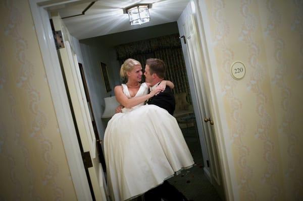 Bride and groom retire to their Fairmont Olympic Hotel room after a long and fabulous wedding day.