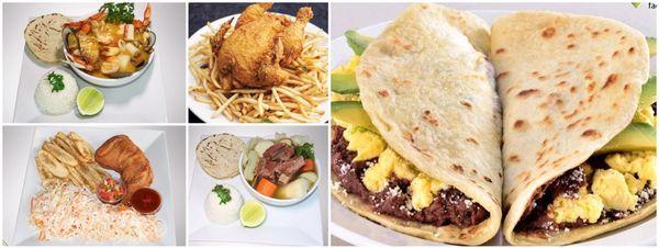 Baleadas, Sopa Marinera, Pollo con Tajadas(Ceibeño), Pollo Entero Frito, Al Carbon y Asado