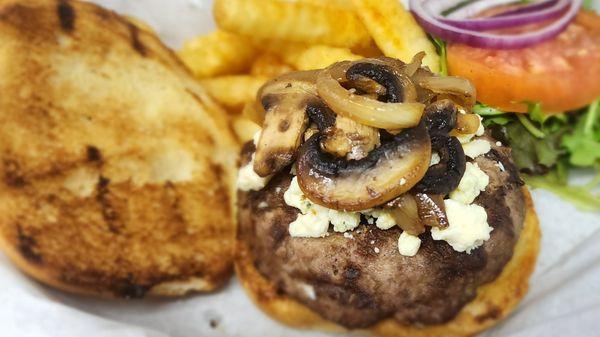 The Blue cheese burger, Grilled Onion and mushrooms and Blue cheese!