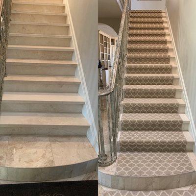 Stair runner on marble staircase