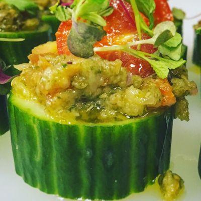 Vegan Specialty.  Cucumbers and Eggplant Tapenade with Marinated Tomato.