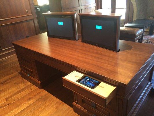 Custom desk with dual motorized monitors controlled via an iPad, RSF CA