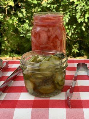 Homemade pickles and pickled onions